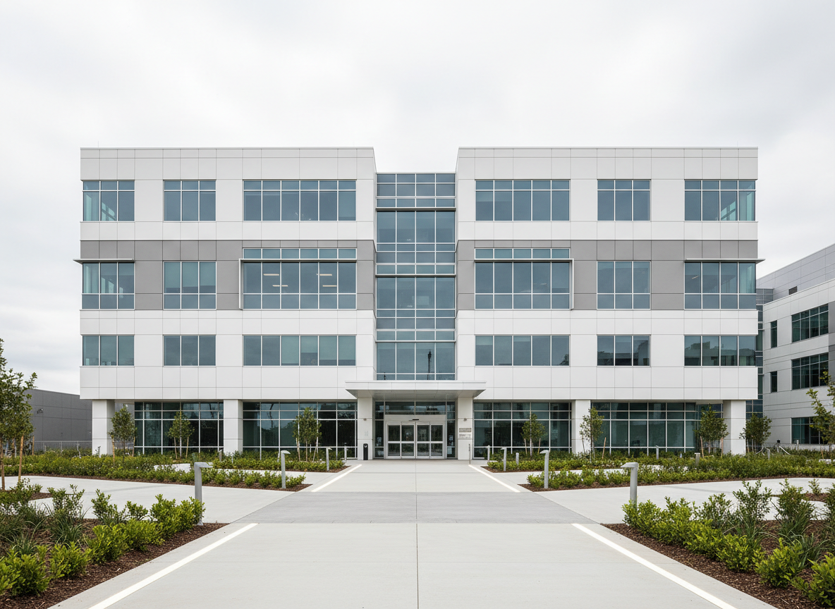 A sleek, state-of-the-art hospital building exterior with clean white and soft gray architecture, featuring large glass paneled windows and precise geometric lines. The façade is surrounded by meticulously trimmed hedges and minimalist landscaping, with wide, well-lit accessible walkways leading to the main entrance. Diffused daylight brightens the structure under a lightly overcast sky, casting gentle, balanced shadows that emphasize the building’s clean edges. The camera captures the scene from a slightly lower, wide-angle perspective, placing the building at the center using a structured, symmetrical composition. The mood is professional, welcoming, and calm, reflecting healthcare reliability. The artistic style is photographic realism with a clean, modern, corporate aesthetic, supporting the idea of trusted, accessible healthcare in Monrovia.