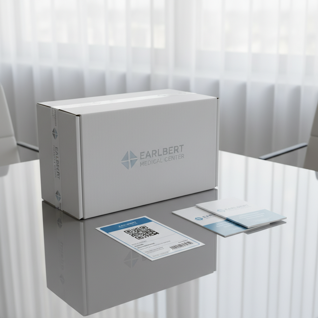 A secure, tamper-evident pharmaceutical delivery package—sturdy white cardboard box with subtle embossed Earlbert Medical Center branding—is positioned atop a glass tabletop in a well-lit, minimalist office environment. Beside the box, a digitally printed delivery label and a small stack of brochures featuring the pharmacy’s online services rest neatly. Soft, even daylight filters in through sheer window coverings, resulting in balanced illumination and faint reflections on the glass. The camera frames the package from a slightly elevated, three-quarters angle, creating a structured yet inviting composition. The atmosphere is one of reliability and professionalism, rendered in clean photographic realism with a neutral, modern aesthetic, underscoring the center’s commitment to secure medicine delivery and patient trust.