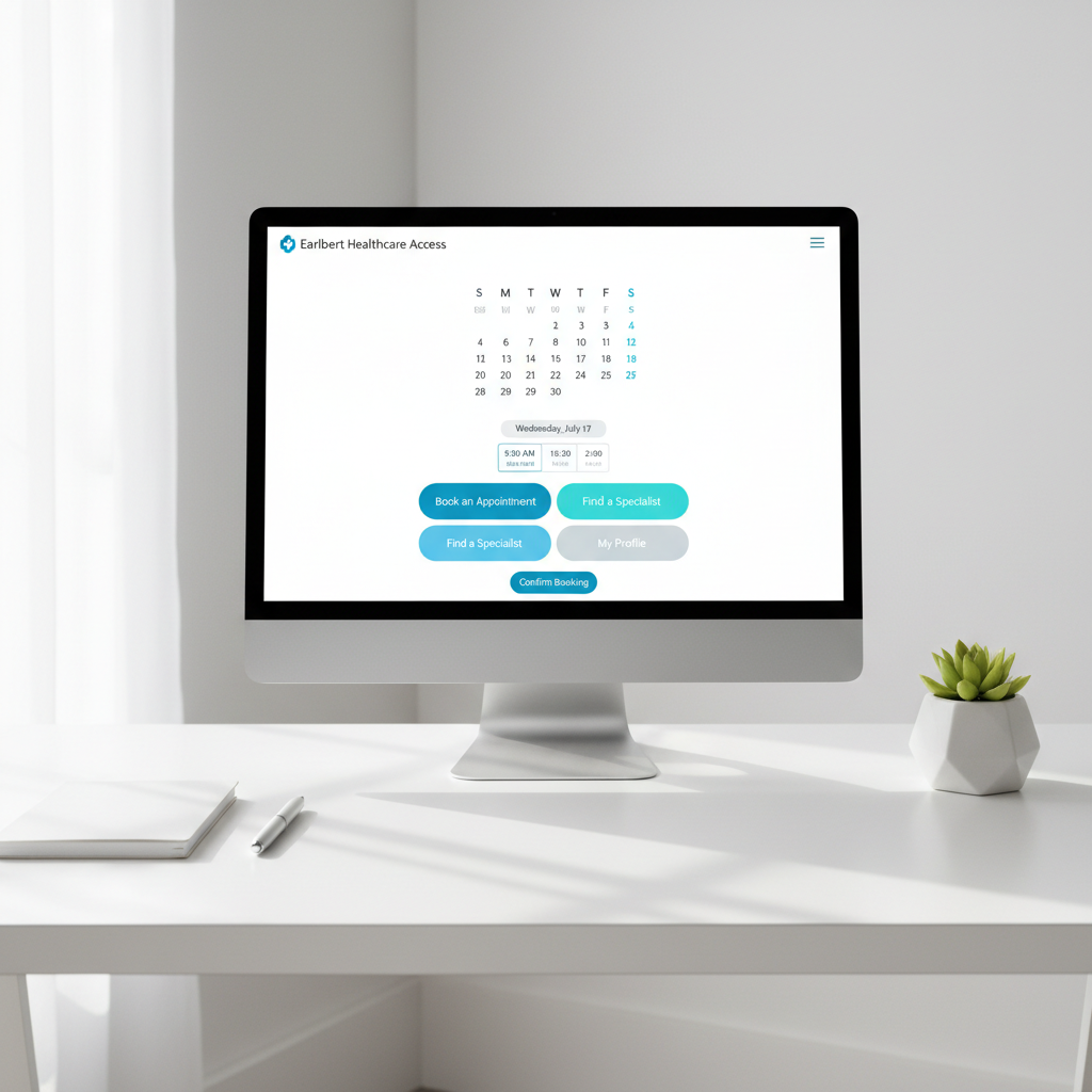 A clean, intuitive online healthcare appointment booking interface displayed on a sleek, modern computer monitor with a thin bezel. The screen shows an easy-to-read calendar and booking buttons in calming blues and neutrals, all set against a pristine, uncluttered white desk. Organized office accessories—a closed notepad, a pen, and a small succulent in a white planter—sit nearby, while ambient daylight softly illuminates the workspace from an unseen window, casting gentle shadows. Composed with a direct, eye-level angle and centered elements, the scene offers a visual metaphor for efficiency, user-friendly design, and seamless communication. The artistic style is photographic, minimal, and business-like, perfectly embodying Earlbert’s digital healthcare accessibility mission.