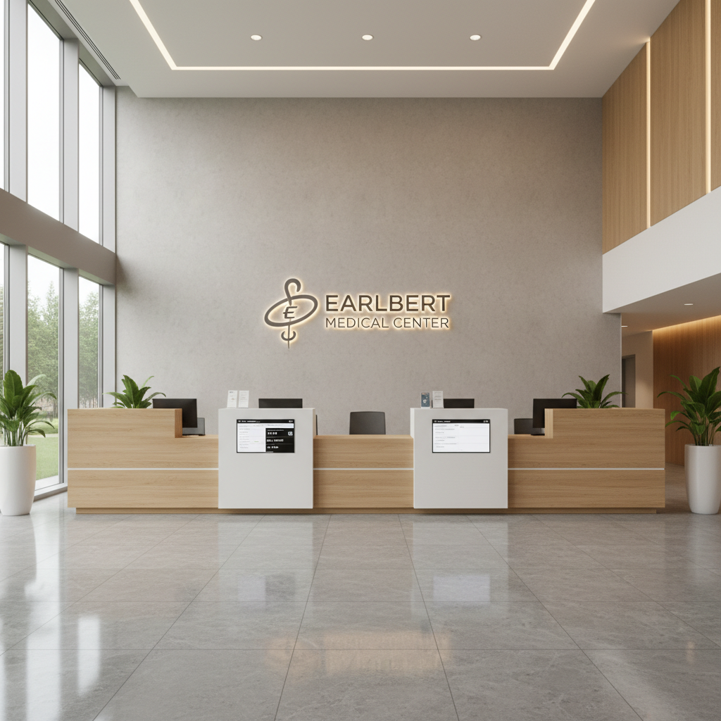 A modern, organized hospital reception desk crafted from smooth light wood with matte white panels, set within a spacious contemporary lobby. Behind the desk, backlit signage displays the Earlbert Medical Center logo against a neutral-toned wall with subtle texture. The floor is polished stone, reflecting soft natural daylight streaming through floor-to-ceiling windows on the side, while minimal green potted plants add life to the space. Captured from an eye-level, frontal angle with the desk centered, the image conveys a sense of calm professionalism and efficient service. The composition is framed with clean lines and balanced elements, using a photographic, corporate style that emphasizes transparency and accessibility for patients seeking information or appointments.